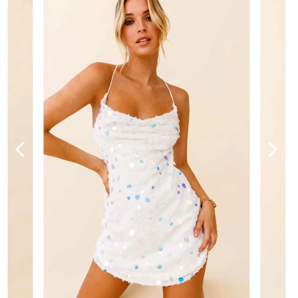 CANDID MOMENT STRAPPY COWL BACK SEQUIN MINI DRESS WHITE